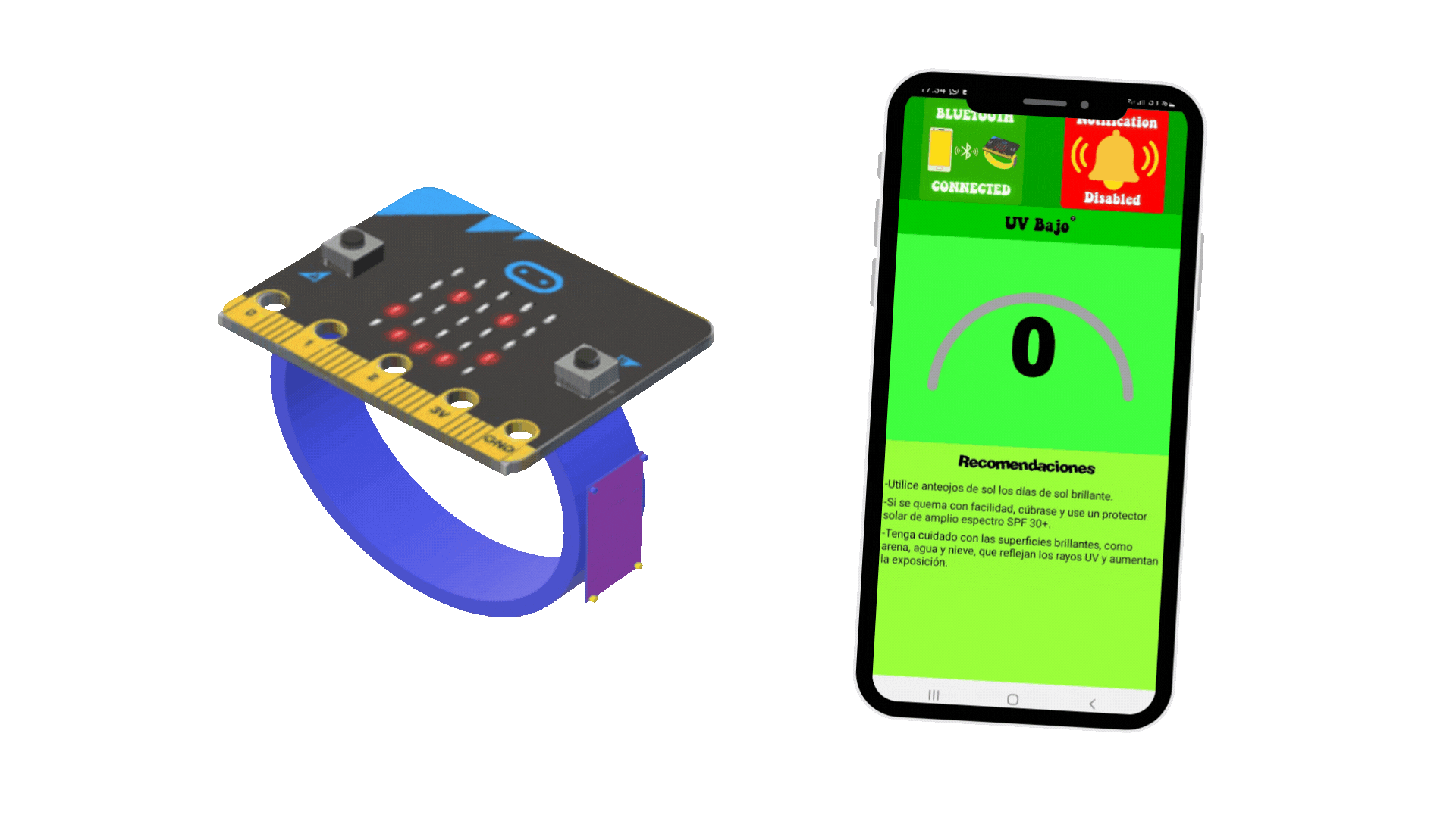 Render de la pulsera inteligente y la aplicación móvil